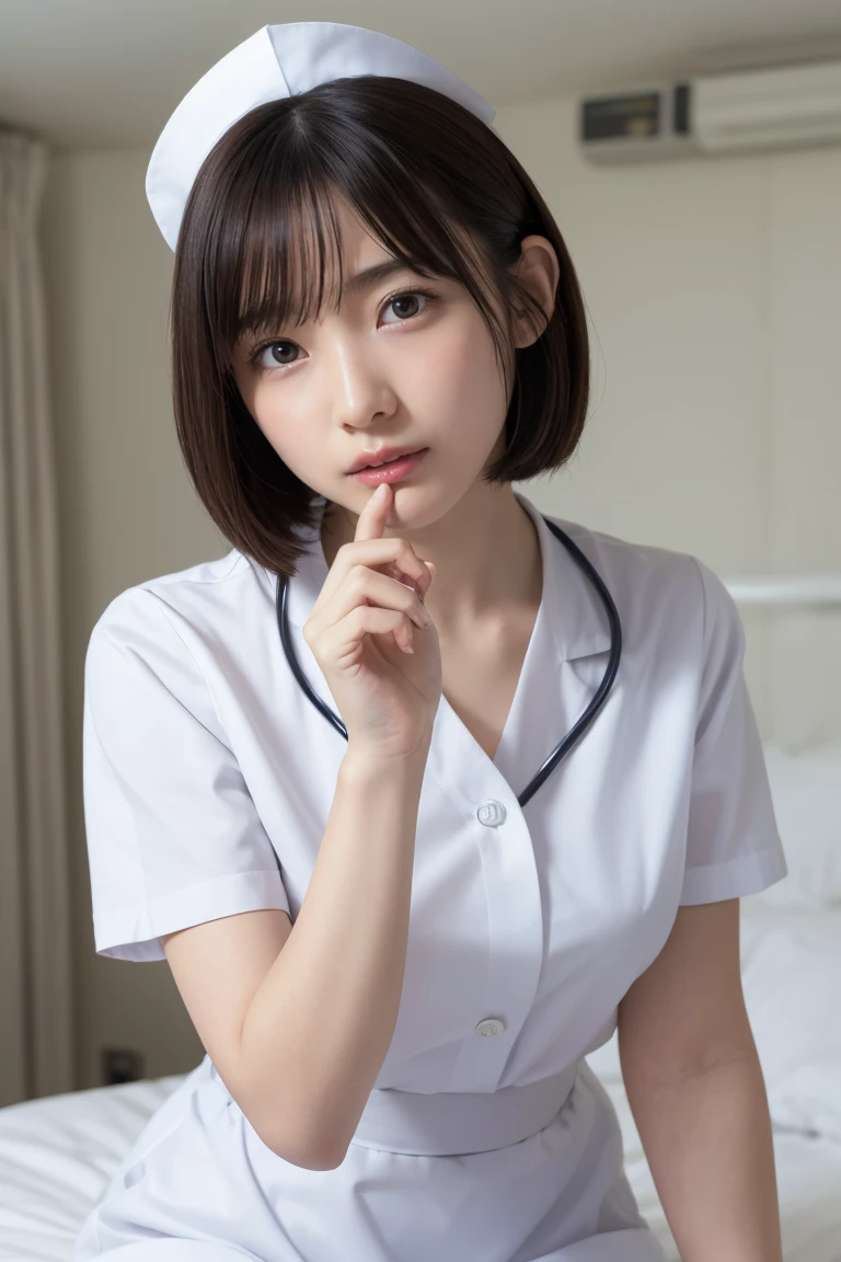 1 Girl,(Wearing white nurse clothes:1.2),(RAW Photos, Highest quality), (Realistic, photo-Realistic:1.4), masterpiece, Very delicate and beautiful, Very detailed, 2k wallpaper, wonderful, finely, Very detailed CG unity 8k wallpaper, Very detailedな, High resolution, Soft Light, Beautiful detailed girl, Very detailed eyes and face, Beautiful and detailed nose, finely beautiful eyes, nurse, Perfect Anatomy, Black Hair, Upstyle, nurse uniform,  Long skirt, nurse, White costume, thin, hospital, clear, White Uniform, hospital room, Neck auscultation,Bobcut、Flip up the skirt、20th Generation、smile、手でペニスをGiving a blowjob、Giving a blowjob、もっとGiving a blowjob、もっとGiving a blowjob、I have a  on my face、There&#39;s liquid on my face、There&#39;s liquid on my face、There&#39;s liquid on my face、Semen is on my face.、Opening his mouth to eat