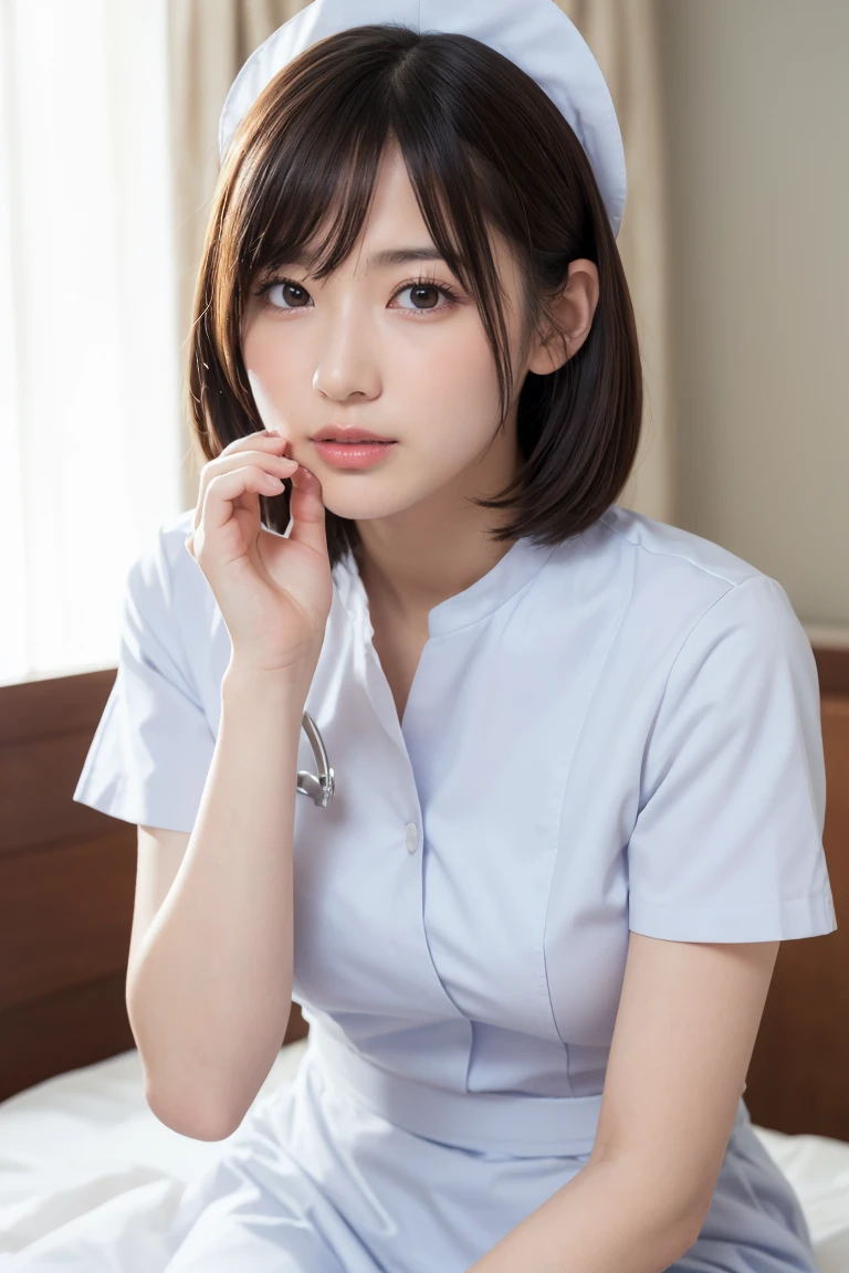 1 Girl,(Wearing white nurse clothes:1.2),(RAW Photos, Highest quality), (Realistic, photo-Realistic:1.4), masterpiece, Very delicate and beautiful, Very detailed, 2k wallpaper, wonderful, finely, Very detailed CG unity 8k wallpaper, Very detailedな, High resolution, Soft Light, Beautiful detailed girl, Very detailed eyes and face, Beautiful and detailed nose, finely beautiful eyes, nurse, Perfect Anatomy, Black Hair, Upstyle, nurse uniform, Long skirt, nurse, White costume, thin, hospital, clear, White Uniform, hospital room, Neck auscultation,Bobcut、Flip up the skirt、20th Generation、smile、手でペニスをGiving a blowjob、Giving a blowjob、もっとGiving a blowjob、もっとGiving a blowjob、I have a on my face、There's liquid on my face、There's liquid on my face、There's liquid on my face、Semen is on my face.、Opening his mouth to eat