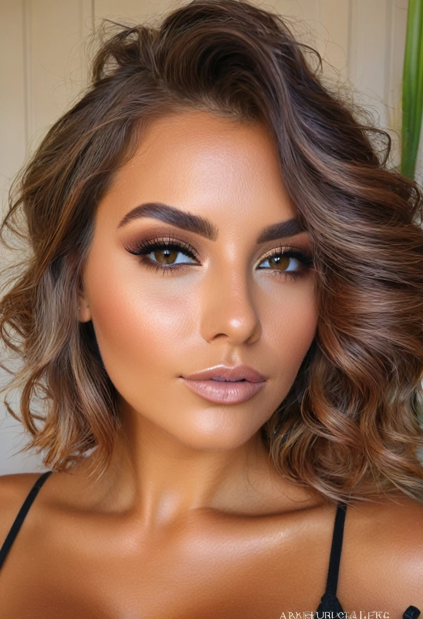 fait moi une femme de couleurs de cheveux chatins, bronzer, yeuxverts, 20 ans, big breasts luscious and tanned lip