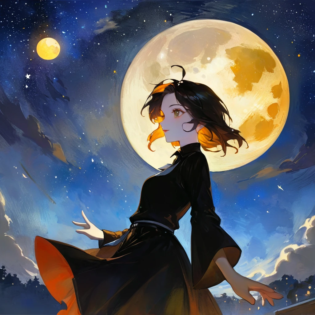 magic, fantastic, night sky, one big moon, stars, background, (simple oil painting in a style to Bill Sienkiewicz)