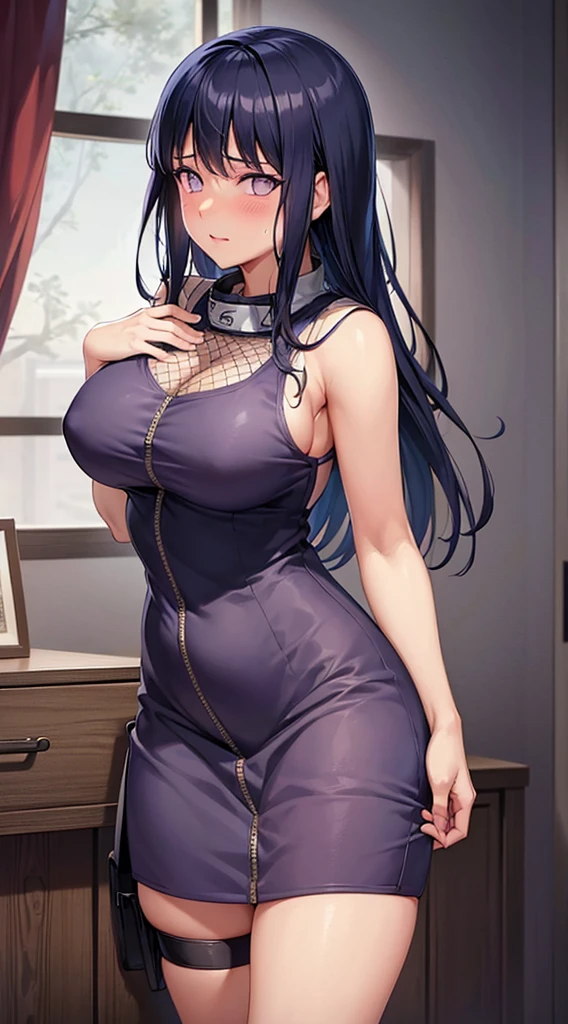 Masterpiece, height, High quality, detailed face, Detailed body rendering, 1 girl, alone, Hyuga Hinata, Hinata-sleeveless dress, big breasts, big breast, sleeveless shirt, fishnet top, dark lips, Unzip jacket, very good, bust out, tits, stand, blushing, (in the bedroom)