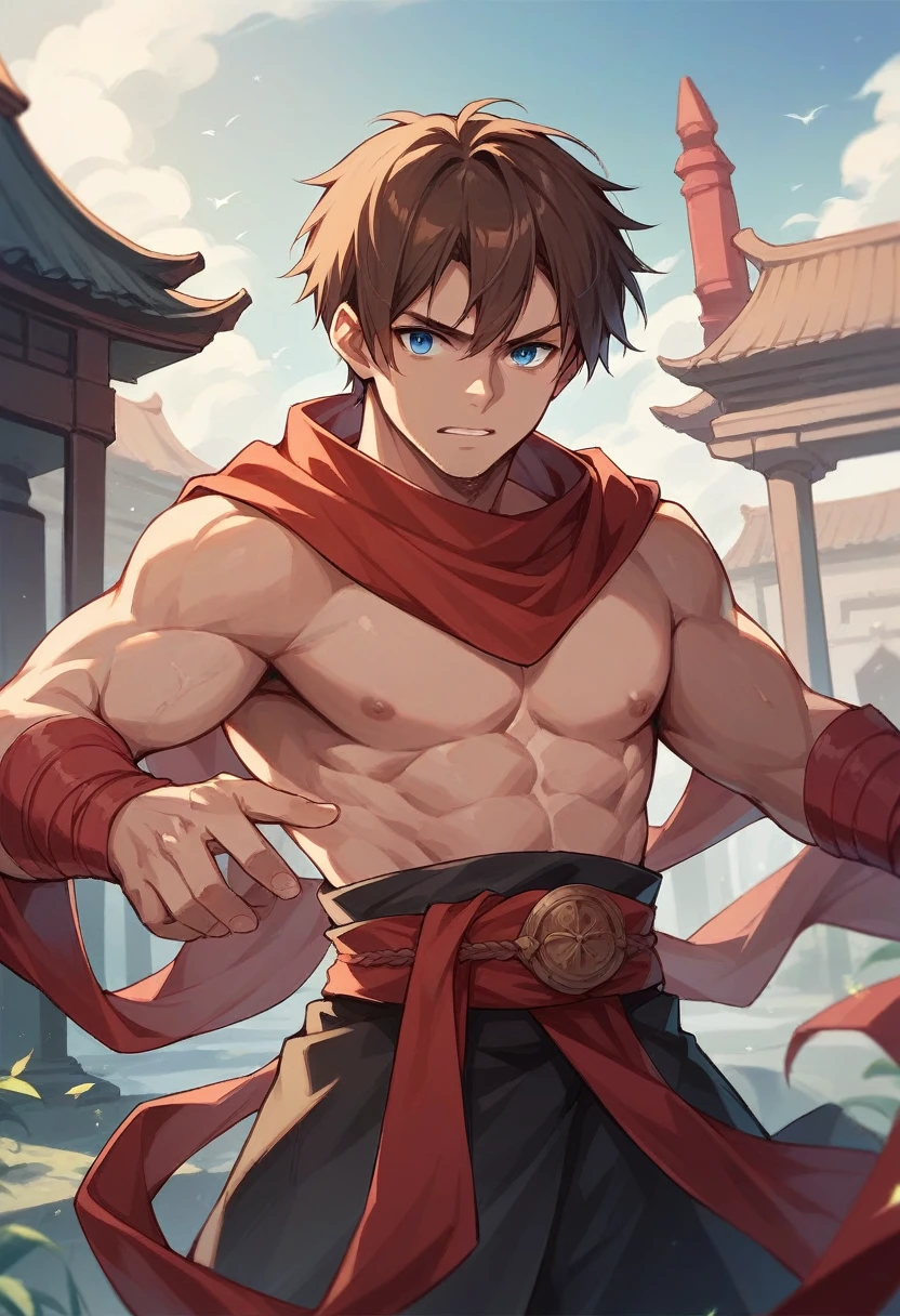  20-year-old male Assassin wearing black, red arm braces, no hood red sash, brown hair blue eyes in a temple (good looking) 