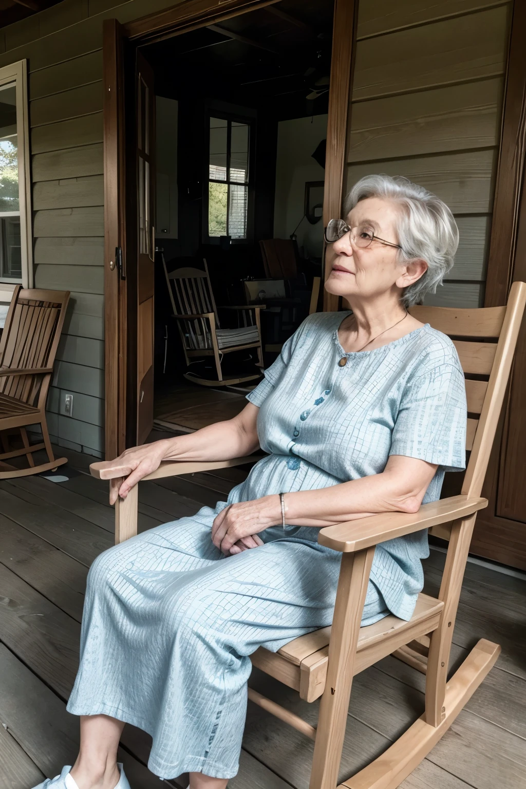 Grandma sitting in her armchair talking to her grandson on the porch of her humble house