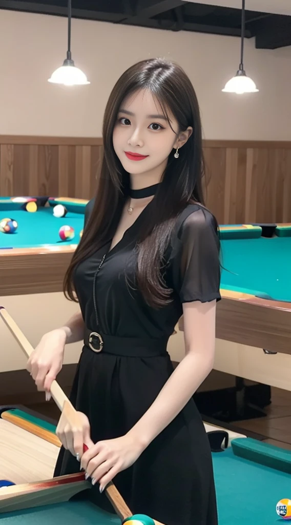 （One student 1.5），（true to life，Photorealistic 1.5）,((best qualtiy, 8K, tmasterpiece:1.3)),SLR camera (double eyelid，largeeyes:1.3),（smile1.5），（Full body photo 1.5）（One person 1.5）Clear focus 1.2, Perfect body beauty:1.4 , Delicate skin1.1，（Short black hair 1.6），（Fashion watch 1.4），（Pure desire 1.3）(Black pantyhose 1.5)（The leg length is one meter two，1.5），feminine dress 1.4，With earrings，bangle, (she is Playing billiards with a number of man : 1.4), in the pool hall