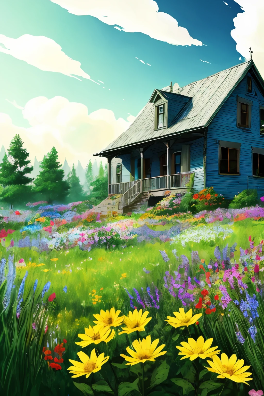 Very cozy little place, Hyperrealism, (anime Makoto Shinkai:0.4), old shabby house in city swoodt,  Outdoor, null, cloud, Day, scenery, wood, blue null, Small Building, sign, Bright light, Wide Shot,  town, wilderness, Flowers,　Sunlight、green、Colorful flowers、Lots of flowers、