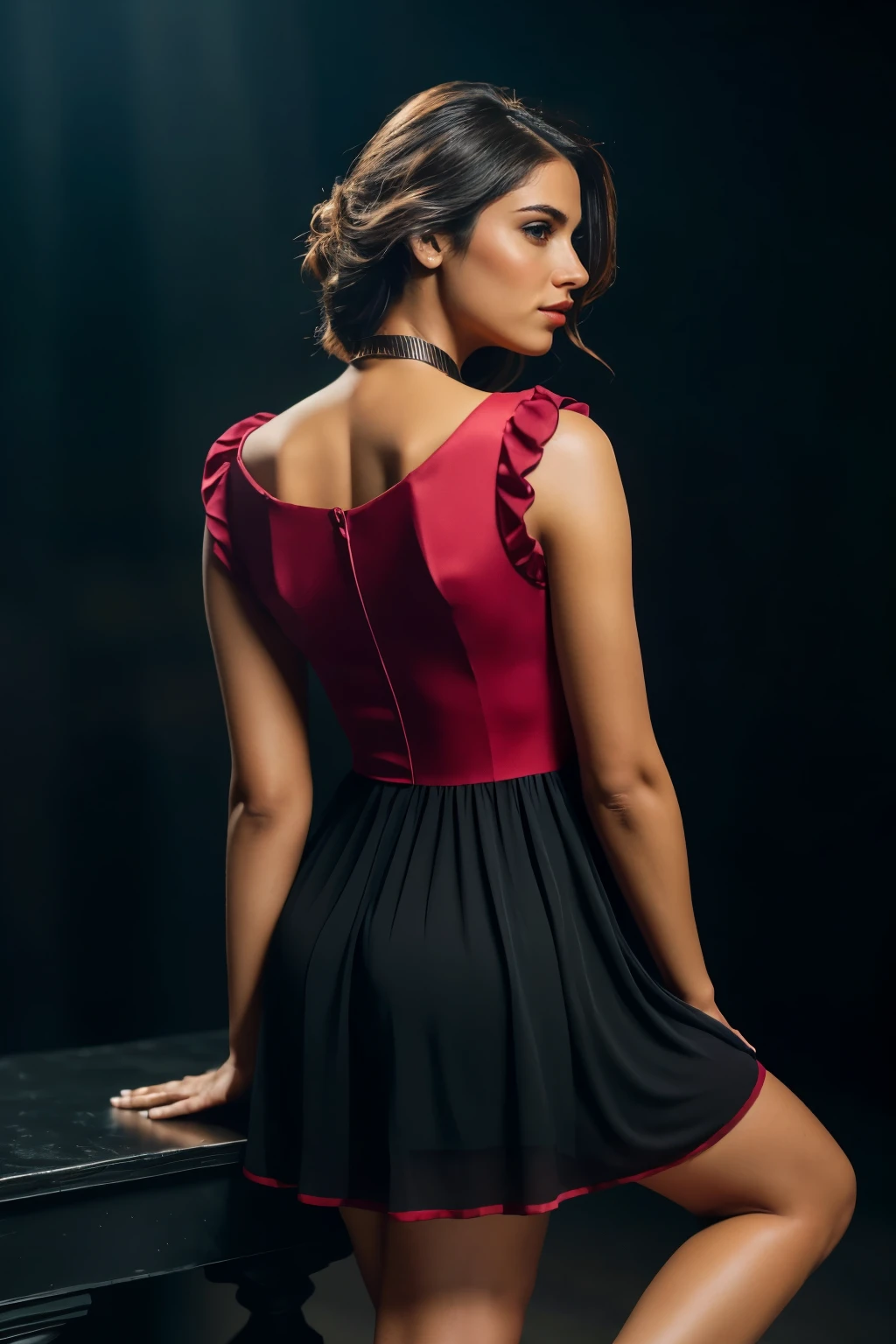 In this photograph, an Indian Instagram female model in her mid-20s takes center stage. , (highly detailed face:1.4) (smile:0.7) (backround 5 star hotel , moody, private study:1.OV, by lee jeffries, nikon d850, film stock photograph ,4 kodak portra 400 ,camera f1.6 lens ,rich colors ,hyper realistic ,lifelike texture, dramatic lighting , cinestill 800, realistic, wearing red pink and black combination dobby weave self design fit & flare dress Sweetheart neck Short, puff sleeve Tie-up detail on back Above knee length in flounce hem Attached Lining Chiffon fabric, actress, karla ortiz, posing!!, candid picture, by Max Dauthendey,Completing the aesthetic, the model wears a slave collar with a chain around her neck. The photograph is meticulously captured in 8K resolution using cutting-edge techniques such as Cinema 4D and Octane Render, resulting in a highly detailed and photorealistic image. Studio lighting, HDR, and a smoky mist create a captivating ambiance, while the bokeh effect adds an artistic touch.