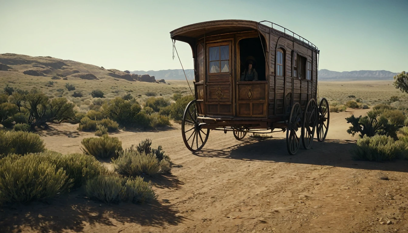 Create an image that illustrates this text: After months of an exhausting journey, Sarah's caravan finally saw a scene that seemed like something out of a dream. old West. high definition cinematic image.