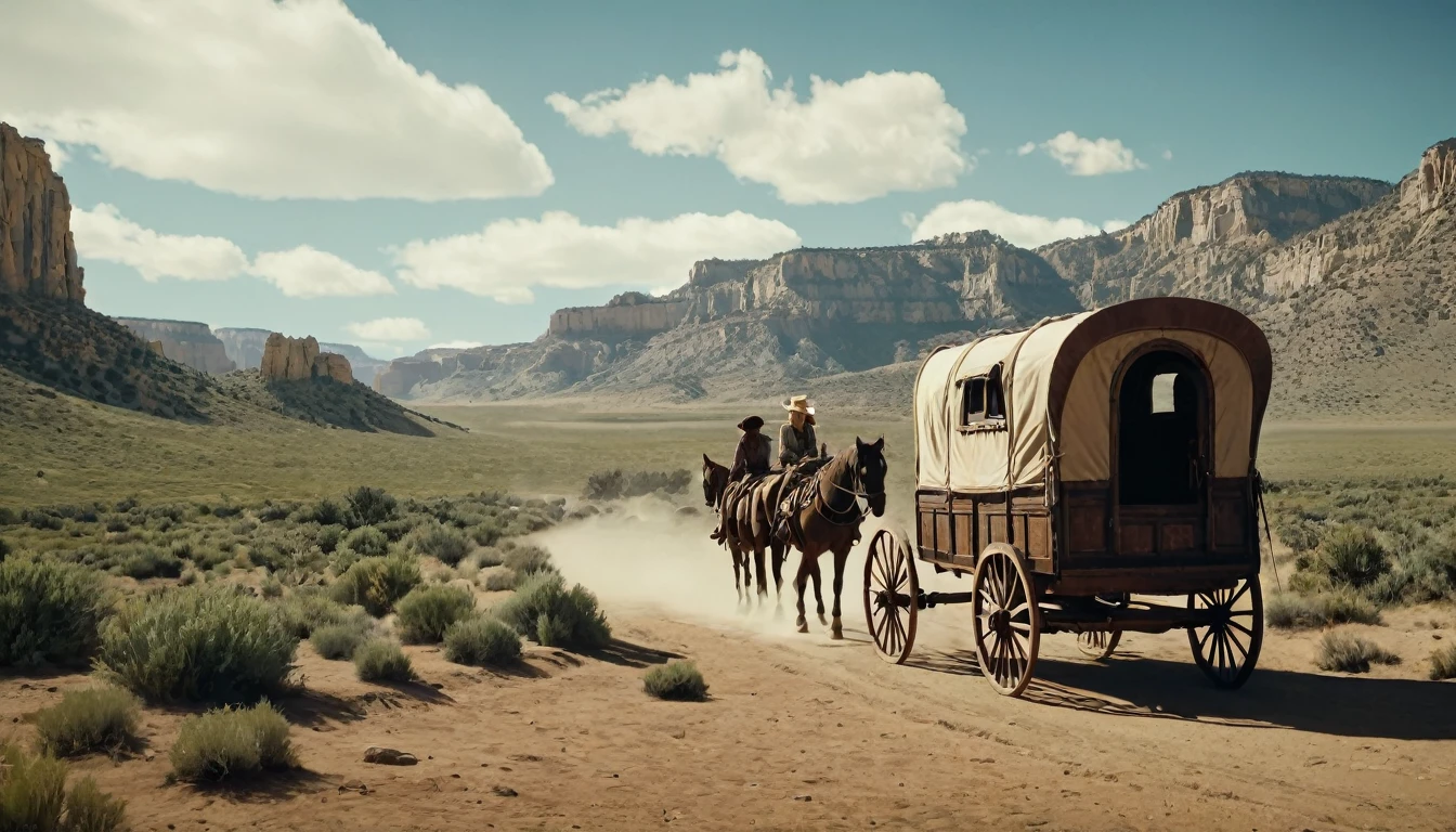 Create an image that illustrates this text: After months of an exhausting journey, Sarah's caravan finally saw a scene that seemed like something out of a dream. old West. high definition cinematic image.