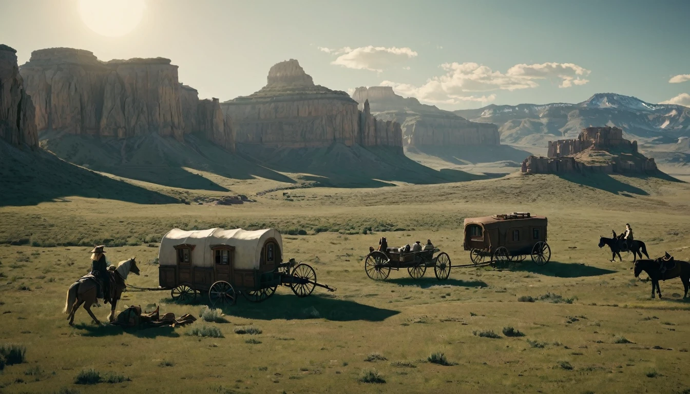 Create an image that illustrates this text: After months of an exhausting journey, Sarah's caravan finally saw a scene that seemed like something out of a dream. old West. high definition cinematic image.