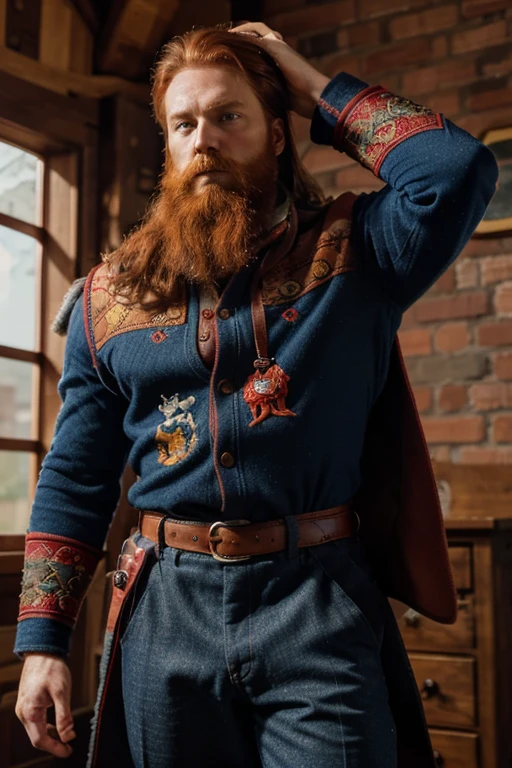 Man, 35 years, auburn hair and deep blue eyes, a fiery red beard, stocky build, tall, sullen. He wears a quilted doublet of red wool with an embroidered leaping trout and flowing blue-and-red cloaks. A silver trout is painted on his shield and adorns the crest of his helm. He wields a sword.