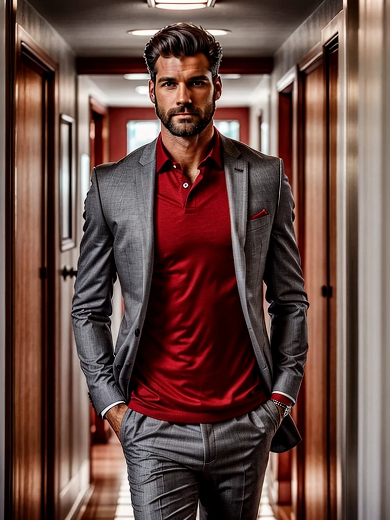 A handsome man wearing a gray suit and a red shirt showing his hairy chest standing in the hallway
