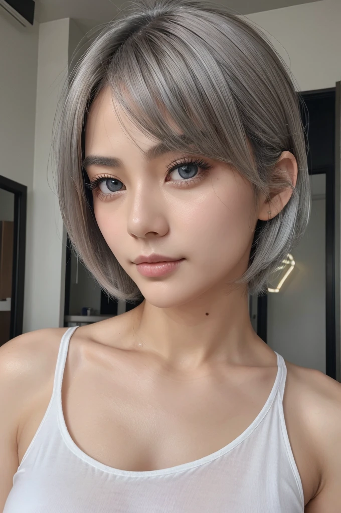 ((Highest quality、8K、masterpiece:1.3))、Sharpness:1.2、Perfect body beauty:1.4、Slim Abs:1.2、((Short Hair Styles Grey Hair、Big Breasts:1.2))、(White tank top:1.1)、(Neon Town:1.2)、Wet:1.5、Highly detailed face and skin texture、Fine particles、double eyelid、 face looking at the camera、