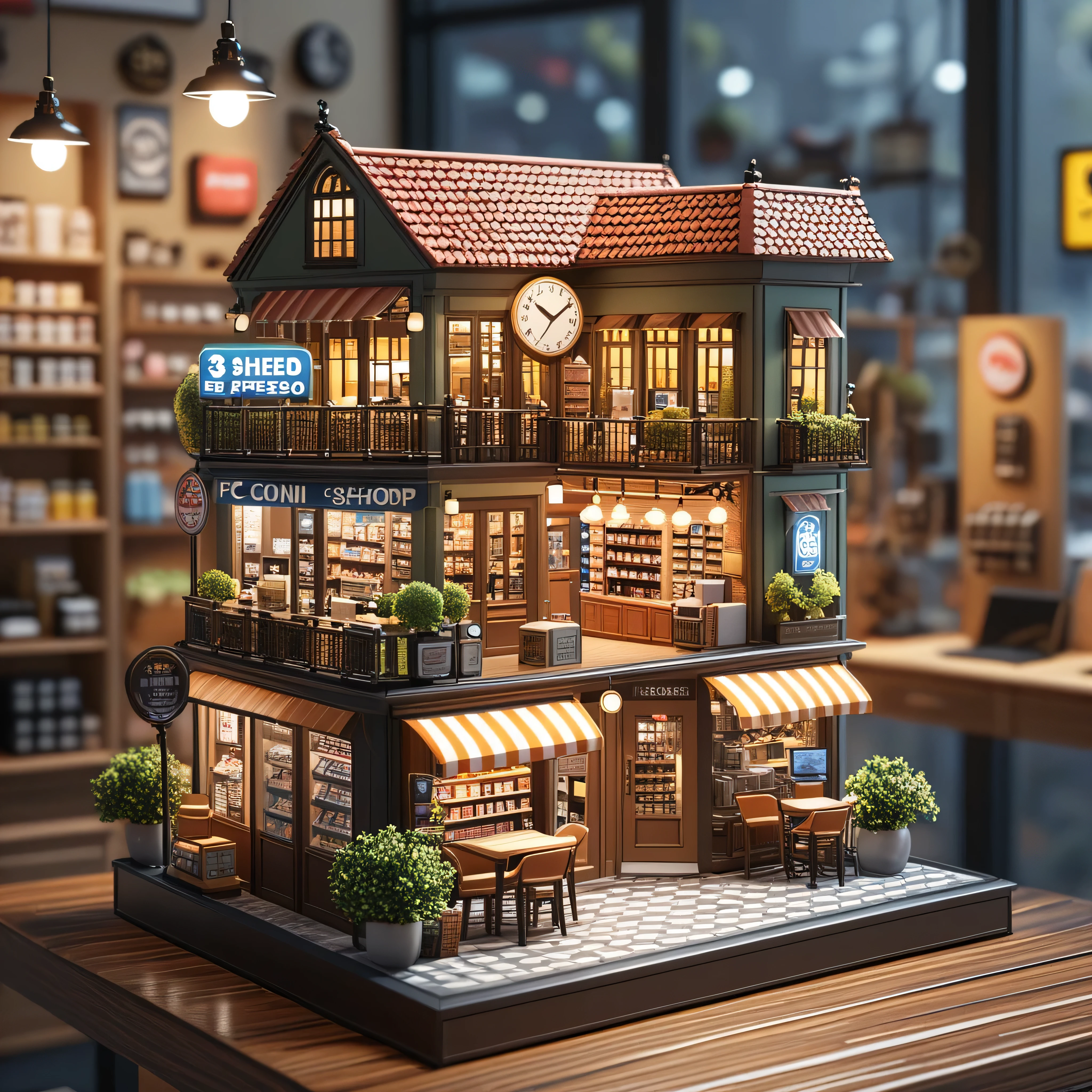 There is a miniature model of a pc shop，Highly detailed visual espresso, stylized 3d render, hyper detailed 3d render, hyper detailed 3d render, 3 d stylize scene, hyper detailed scene, 3 d render stylized, highly detailed scenario, highly detailed 3d render, highly detailed 3d render, miniature pc shop