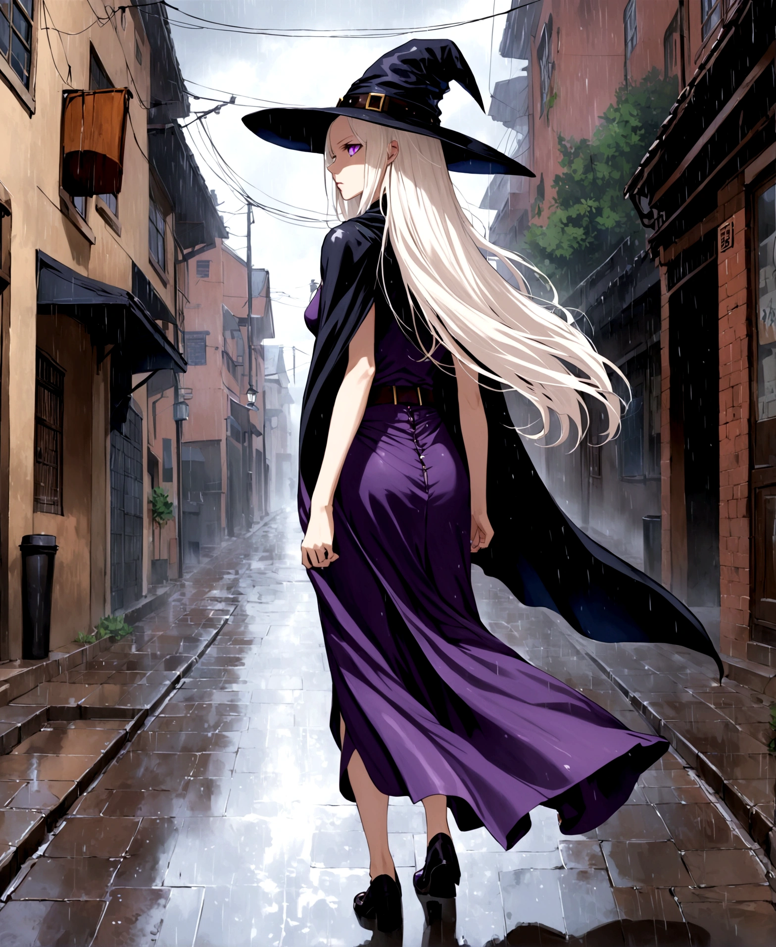 Witch, albino, violet eyes, streets, after rain, walking, backwards, focus on back, long hair, wiry eyes, slender body, small breasts, small hips, small waist, shapely legs, long skirt, cape, cap, cap, serious, aggressive,
