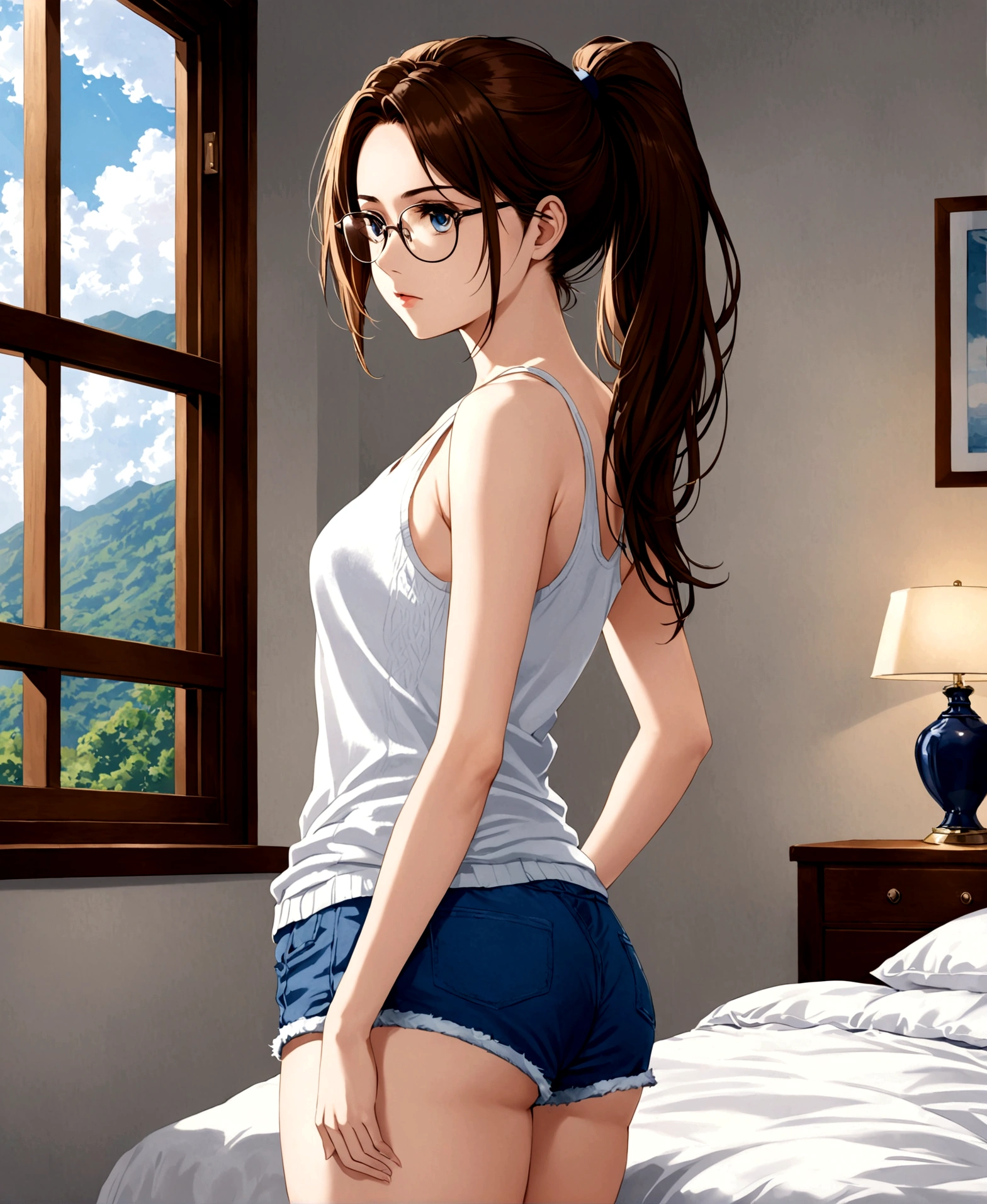 a young adult, beautiful, sexy, bedroom, ponytail, long hair, brown hair, white skin, serious, blue cloth shorts, white tank top, light light sweater, shapely legs, medium breasts, defined body, glasses, looking out the window,