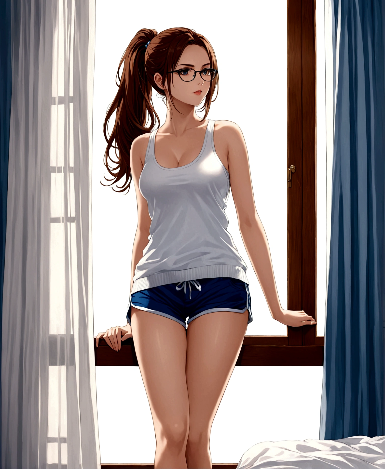 a  adult, beautiful, sexy, bedroom, ponytail, long hair, brown hair, white skin, serious, blue cloth shorts, white tank top, light light sweater, shapely legs, medium breasts, defined body, glasses, looking out the window, 