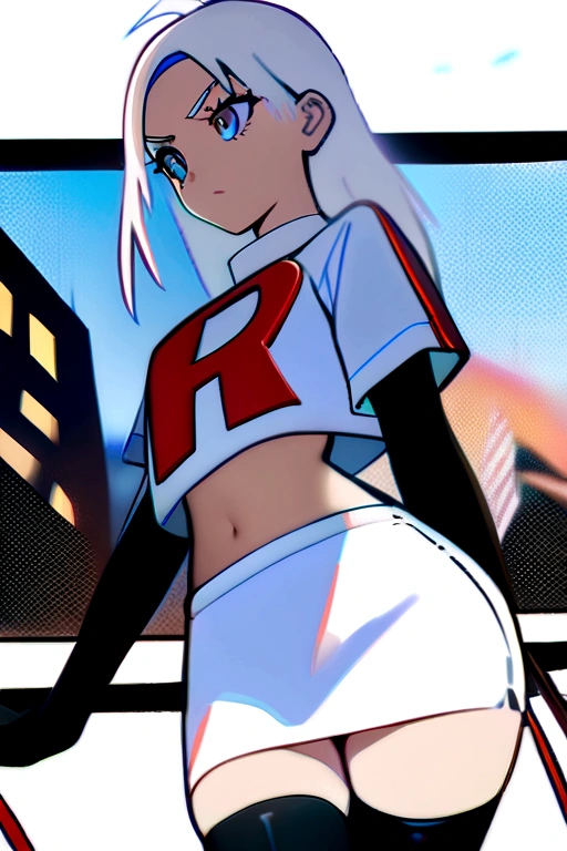 masterpiece, best quality, 1 girl white hair, long hair,ahoge, team rocket,team rocket uniform,white skirt,red letter R,crop top,black thigh-highs,black elbow gloves