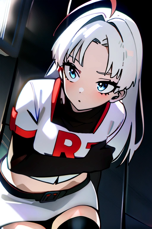 masterpiece, best quality, 1 girl  white hair, long hair,ahoge, team rocket,team rocket uniform,white skirt,red letter R,crop top,black thigh-highs,black elbow gloves