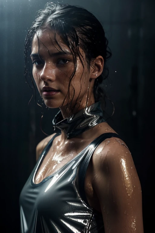 (realisitic,photorealisitic:1.37),wet and beaten woman,jeans,high collar,fetish,sweat,heavy breath,freckles,dark rooms,silver chains,submissive expression,Red lips,subdued colors,Discreet lighting,subtle shadows,grainy texture,Hüftlanges Haar,olhos marejados,dominated posture,hands tied,Reflective surface,wetclothes,Soaked Hair,wet and shiny skin,steamy atmosphere,natural lighting,Dripping water,morning fog,humid environment,reflection,humid environment,shiny drops,foggy background,sensual atmosphere,faint silhouette,Controlled environment,Humid atmosphere,provocative clothes,atmospheric environment,mysterious atmosphere,Obsidian Paint,muted tones,Moisture in the skin