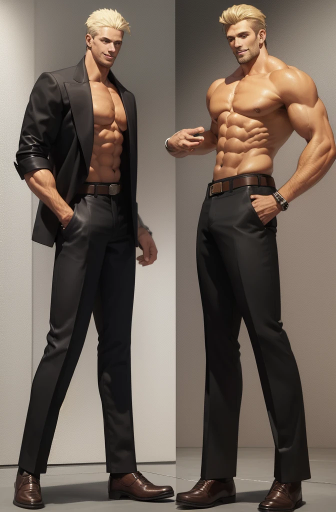 1 male，Handsome，Tall stature，muscle，Black pants，belt，blond，smile，masterpiece