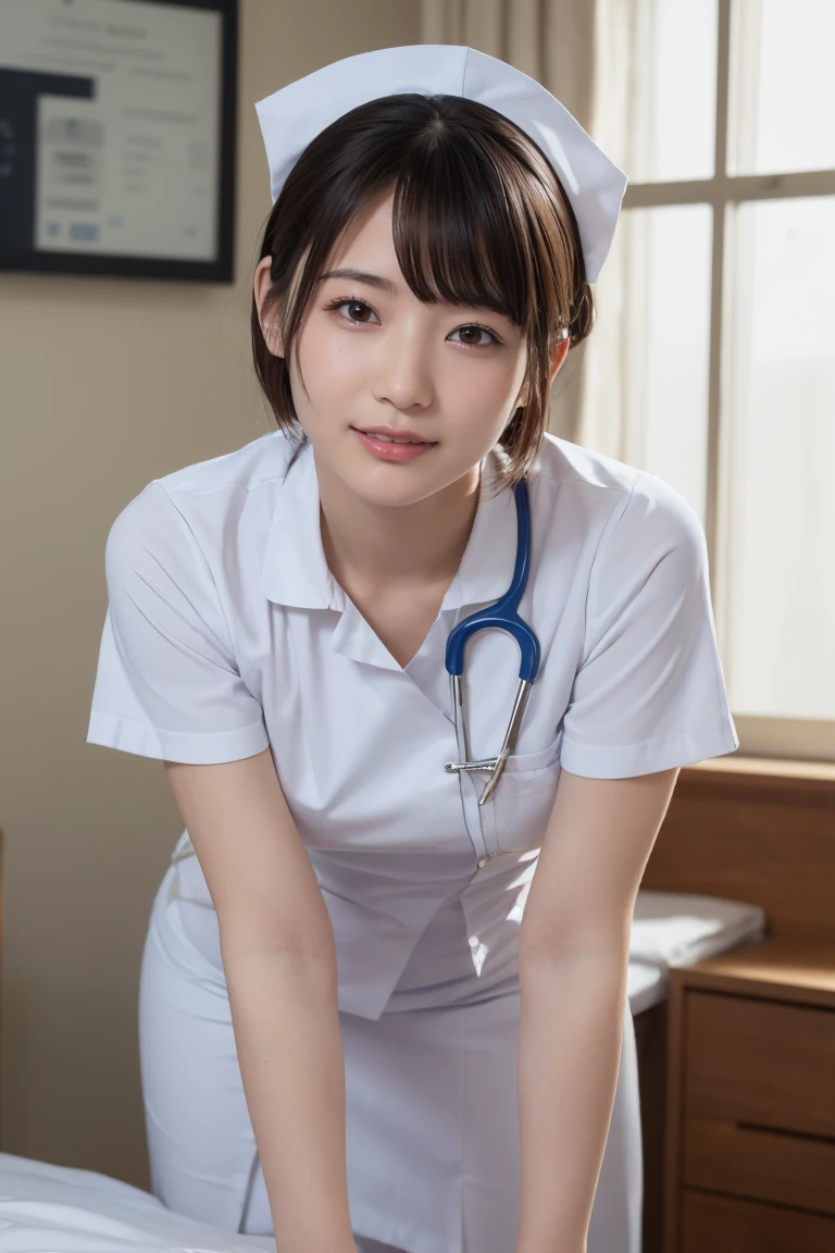 1 Girl,(Wearing white nurse clothes:1.2),(RAW Photos, Highest quality), (Realistic, photo-Realistic:1.4), masterpiece, Very delicate and beautiful, Very detailed, 2k wallpaper, wonderful, finely, Very detailed CG unity 8k wallpaper, Very detailedな, High resolution, Soft Light, Beautiful detailed girl, Very detailed eyes and face, Beautiful and detailed nose, finely beautiful eyes, nurse, Perfect Anatomy, Black Hair, Upstyle, nurse uniform, Long skirt, nurse, White costume, thin, hospital, clear, White Uniform, hospital room, Neck auscultation,Bobcut、Flip up the skirt、20th Generation、smile、手でペニスをGiving a blowjob、Giving a blowjob、もっとGiving a blowjob、もっとGiving a blowjob、I have a on my face、There's liquid on my face、There's liquid on my face、There's liquid on my face、Semen is on my face.、Opening his mouth to eat、Mouth open