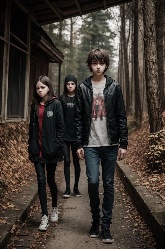 create an image with teenagers as if they are in a horror movie, creepy background. do it like you&#39;re in a horror movie, but from generation Z