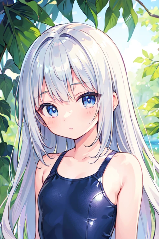 (best quality, masterpiece:1.2), ultra detailed, extremely detailed eyes and face, natural skin texture, detailed skin, natural lighting,
chibi, 1 girl, 12-years-old, (cute),
silver hair, middle hair, straight hair, shiny hair,
blue eyes,
flat chest,
school swimsuit,
upper body,