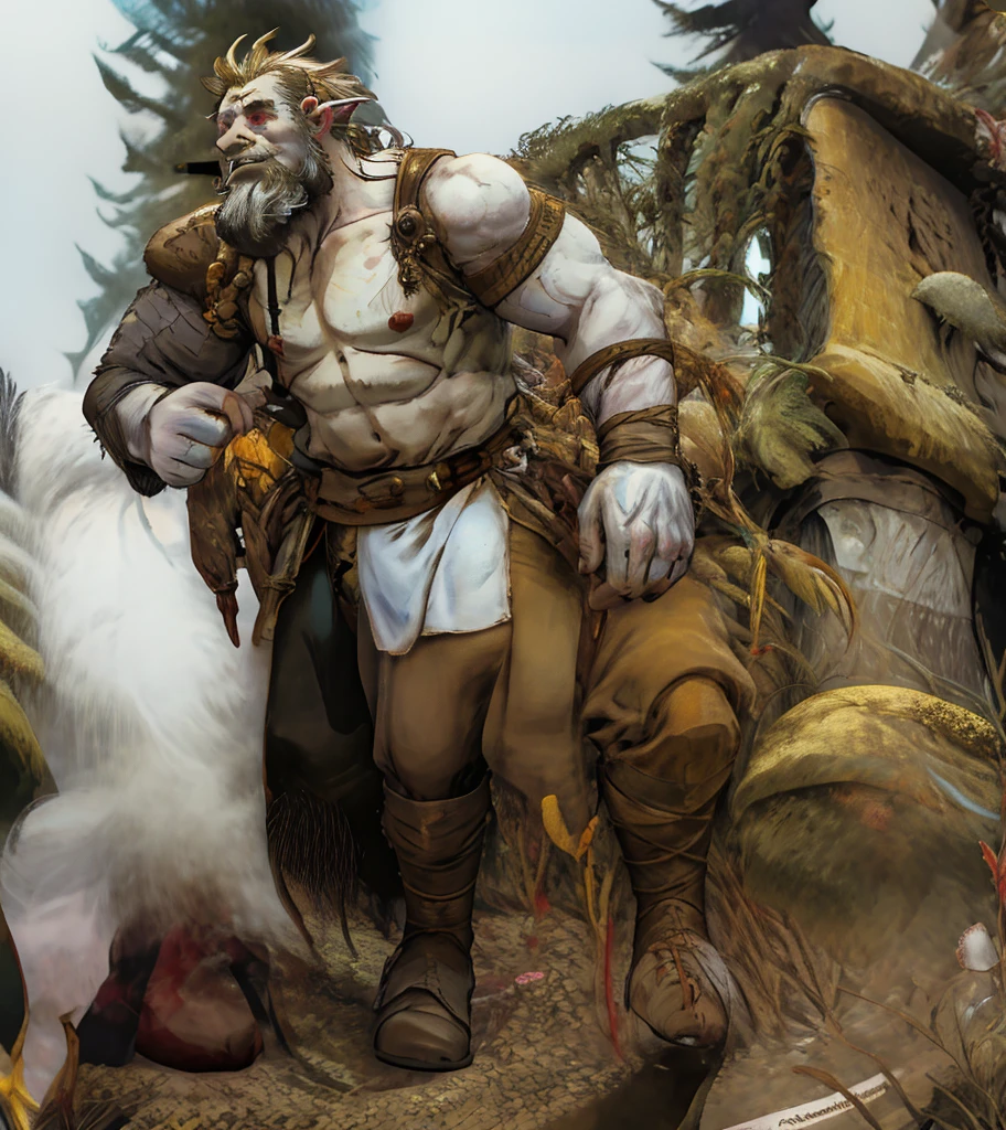 (((Single character image.))) (((1boy))) Craft an AI-generated image portraying a male firbolg embodying the spirit of a docile yet resilient woodland adventurer. This firbolg stands tall and sturdy, around 7 to 8 feet in height, with a gentle demeanor reflected in his kind, moss-green eyes that radiate warmth and empathy. His facial features are a harmonious blend of human and giant, boasting rugged yet handsome contours adorned with soft facial hair that accentuates his serene expression.  (((The firbolg's skin possesses a supple, olive-toned hue, reminiscent of rich forest soil kissed by the sun's gentle rays, radiating a warm and inviting glow that harmonizes with the natural beauty of his woodland surroundings.  His hair is a lush red color.))) (((His ears are large and bluish and his nose is bluish at the end.)))
Render his physique with a balance of muscularity and grace, reflecting his adeptness in traversing forest terrain and engaging in feats of natural agility. His broad shoulders and powerful frame hint at his underlying strength, while his movements exude an air of peaceful confidence.
Attire this woodland adventurer in garments woven from natural fibers—earthy-toned robes adorned with intricate leaf patterns and embroidered with symbols depicting reverence for nature. Around his neck hangs a pendant fashioned from a delicately carved wooden charm, symbolizing his deep connection to the forest and its denizens.
Place him amidst a serene woodland backdrop—an enchanted forest enveloped in a soft, ethereal glow filtering through the verdant canopy. Sunlight dances through the trees, casting dappled shadows on the forest floor where flora and fauna harmoniously coexist. Birds chirp melodiously while woodland creatures pause to acknowledge his presence with a curious gaze.
With his rugged yet approachable appearance, he embodies the essence of a protector of nature, radiating an aura of tranquility that resonates with the spirit of the forest. The verdant s