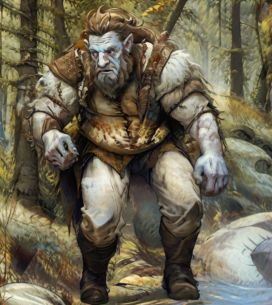 (((Single character image.))) (((1boy))) Craft an AI-generated image portraying a male firbolg embodying the spirit of a docile yet resilient woodland adventurer. This firbolg stands tall and sturdy, around 7 to 8 feet in height, with a gentle demeanor reflected in his kind, moss-green eyes that radiate warmth and empathy. His facial features are a harmonious blend of human and giant, boasting rugged yet handsome contours adorned with soft facial hair that accentuates his serene expression.  (((The firbolg's skin possesses a supple, olive-toned hue, reminiscent of rich forest soil kissed by the sun's gentle rays, radiating a warm and inviting glow that harmonizes with the natural beauty of his woodland surroundings.  His hair is a lush red color.))) (((His ears are large and bluish and his nose is bluish at the end.)))
Render his physique with a balance of muscularity and grace, reflecting his adeptness in traversing forest terrain and engaging in feats of natural agility. His broad shoulders and powerful frame hint at his underlying strength, while his movements exude an air of peaceful confidence.
Attire this woodland adventurer in garments woven from natural fibers—earthy-toned robes adorned with intricate leaf patterns and embroidered with symbols depicting reverence for nature. Around his neck hangs a pendant fashioned from a delicately carved wooden charm, symbolizing his deep connection to the forest and its denizens.
Place him amidst a serene woodland backdrop—an enchanted forest enveloped in a soft, ethereal glow filtering through the verdant canopy. Sunlight dances through the trees, casting dappled shadows on the forest floor where flora and fauna harmoniously coexist. Birds chirp melodiously while woodland creatures pause to acknowledge his presence with a curious gaze.
With his rugged yet approachable appearance, he embodies the essence of a protector of nature, radiating an aura of tranquility that resonates with the spirit of the forest. The verdant s