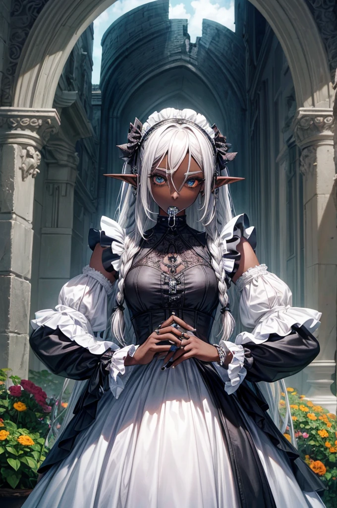 (Gothic style) (cool beautiful black skin), (Hold a cigarette in own mouth) (solo:2, 1000 yo Dreadlocks:1.4 silver hair long hair cool elf woman, cool narrow silver eyes), (in a cool maid clothes), break, in the enchanted garden, BREAK, perfect anatomy, masterpiece, best quality, 16k, beautiful detailed grow, daydreaming expression.