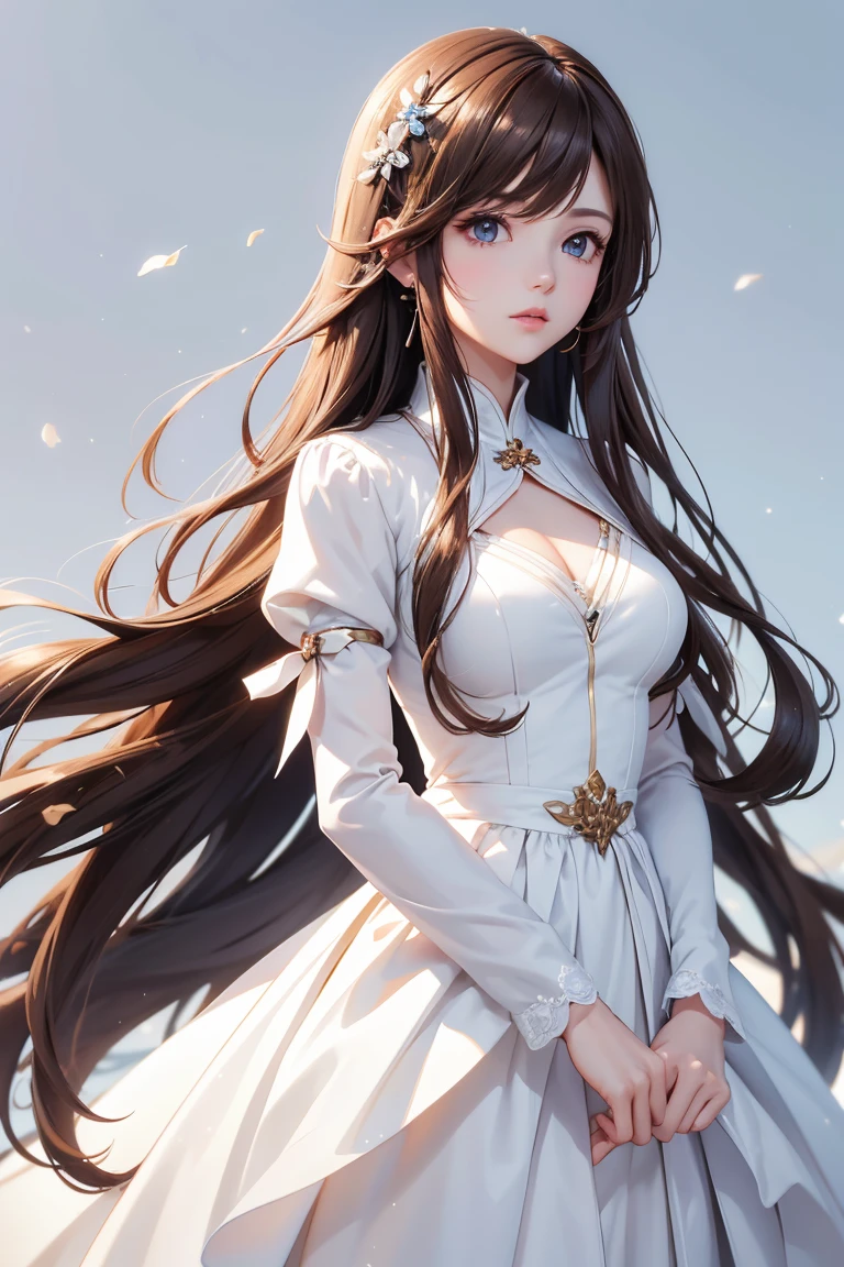 Masterpiece, Best quality, 1 Female,l, young girl, brown eyes color, long hair, smoky mix brown color hair, resolute eyes, white and blue dress, long white eardrop, frontal photo, blank background, remove background, anime, illustration