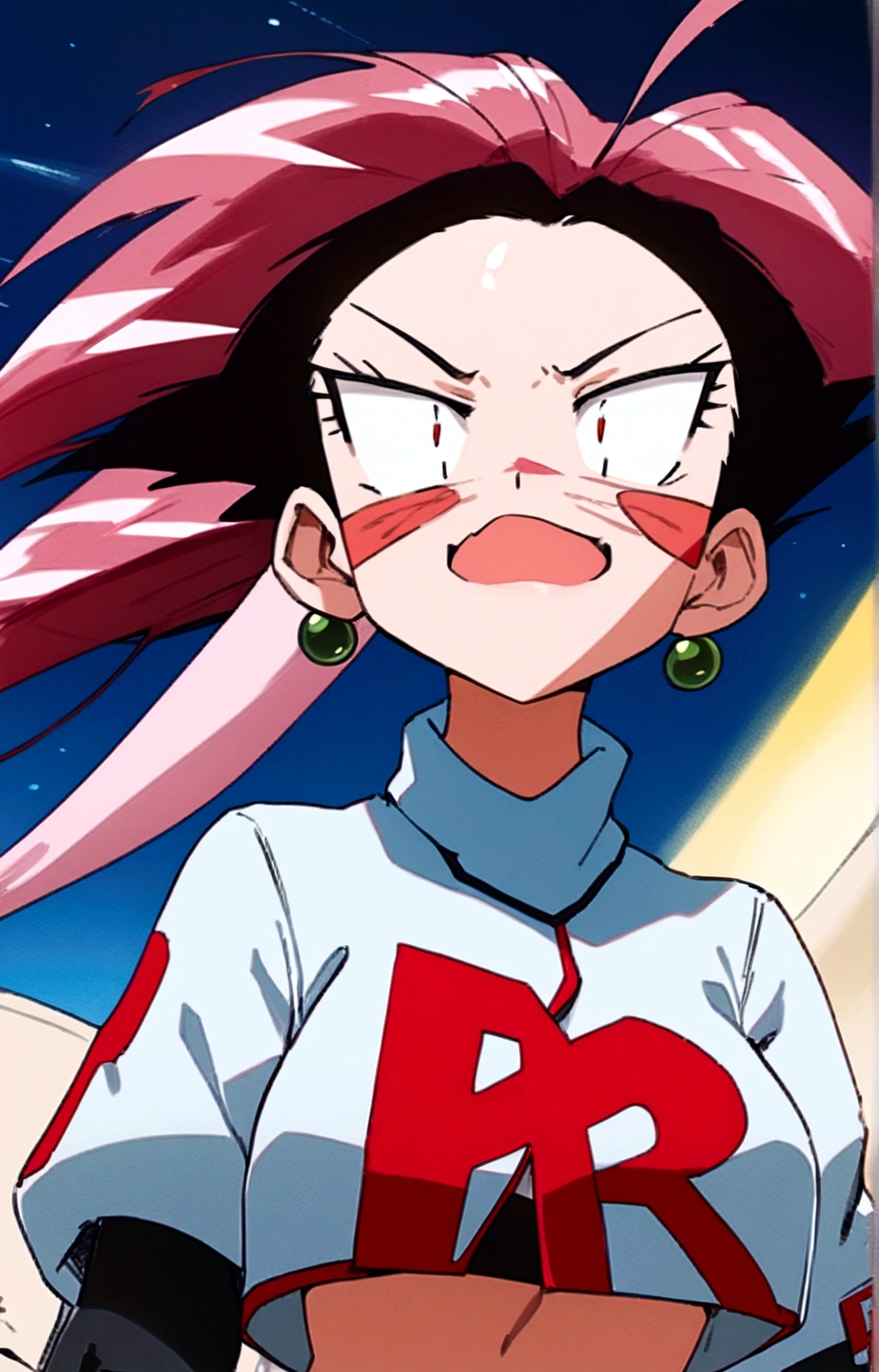 masterpiece, best quality, 1 girl white hair, long hair,ahoge, team rocket,team rocket uniform,white skirt,red letter R,crop top,black thigh-highs,black elbow gloves