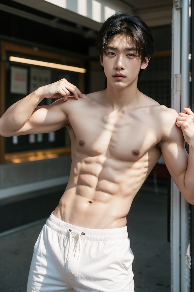 Eine hyperrealistische, 2 asian guys chokehold, full body, dark hair, Dark eyebrows, show abs, topless , shirtless, Athletic Body, Bang Hair, Serious male, wearing white thong, sunlight, summer, on the Street