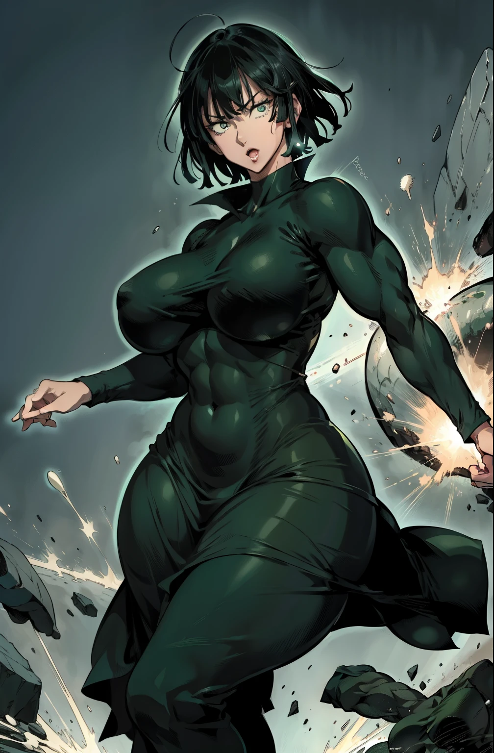 (master piece), high resolution, yusuke murata style,one punch man, fubuki from one punch man, wearing a black green dress, joyful expression, dynamic pose, big breast, big hips, full body view, big body, thick, (Curvy:1.35), ((Master piece)), best quality, perfect bodies,beautiful detailed eyes, extremely detailed face, perfect lighting, ((((huge muscles)))).
