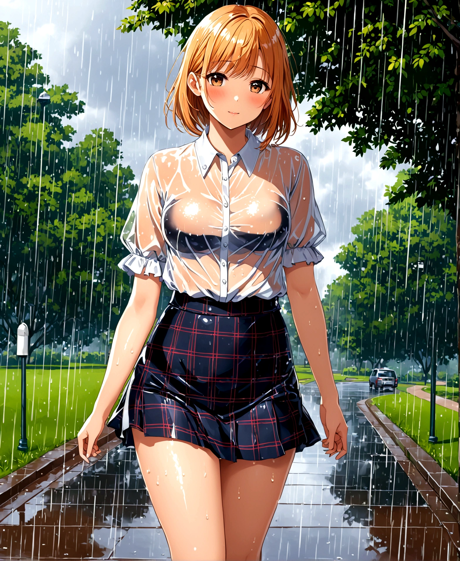 Park, walking, in the rain, a girl, beautiful, sexy, medium breasts, wide hips, small waist, shapely legs, perfect thighs, shy, blushing, looking at the viewer, , plaid miniskirt, blouse, traslucent blouse, wet blouse, wet body,