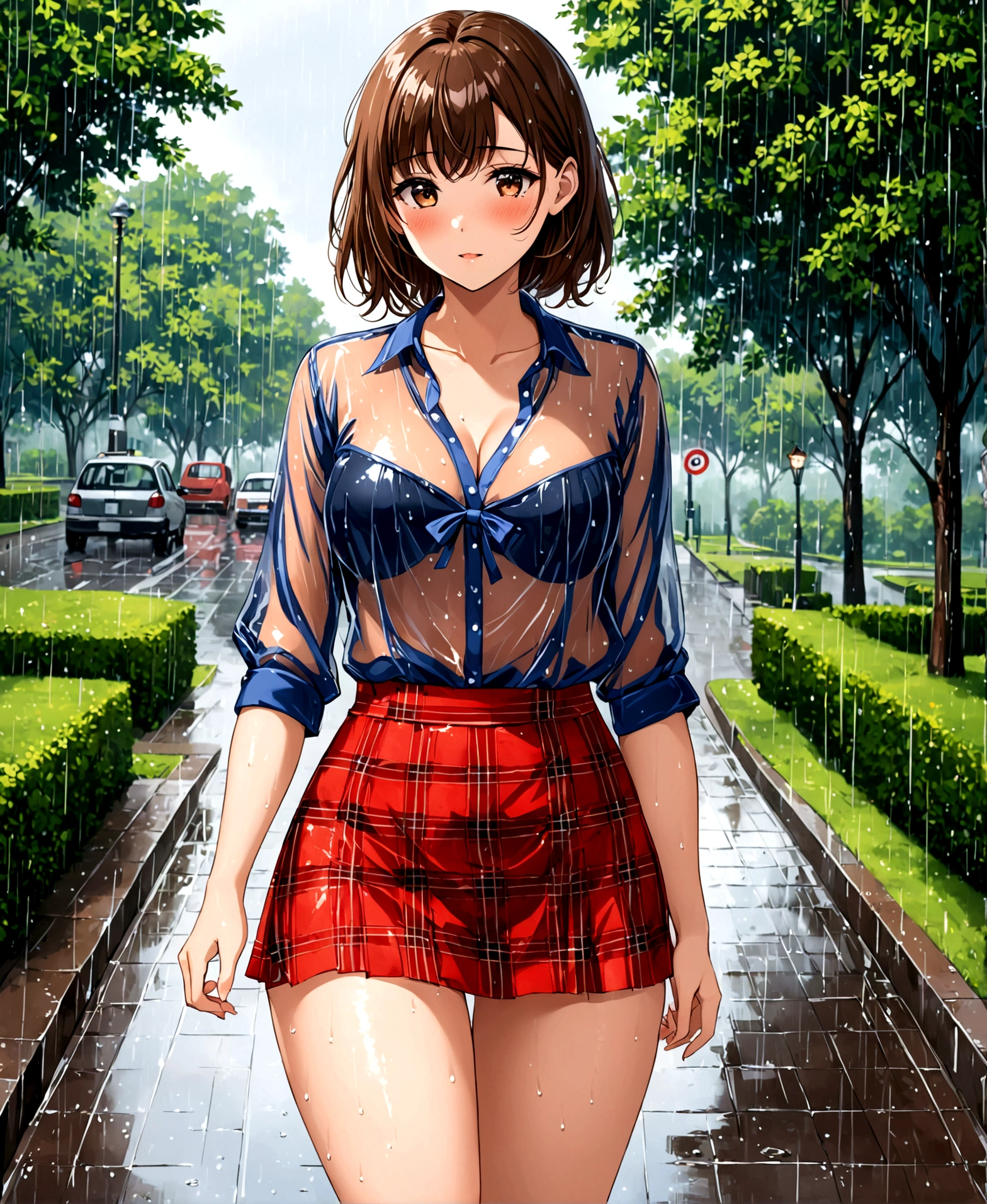 Park, walking, in the rain, a girl, beautiful, sexy, medium breasts, wide hips, small waist, shapely legs, perfect thighs, shy, blushing, looking at the viewer, , plaid miniskirt, blouse, traslucent blouse, wet blouse, wet body,