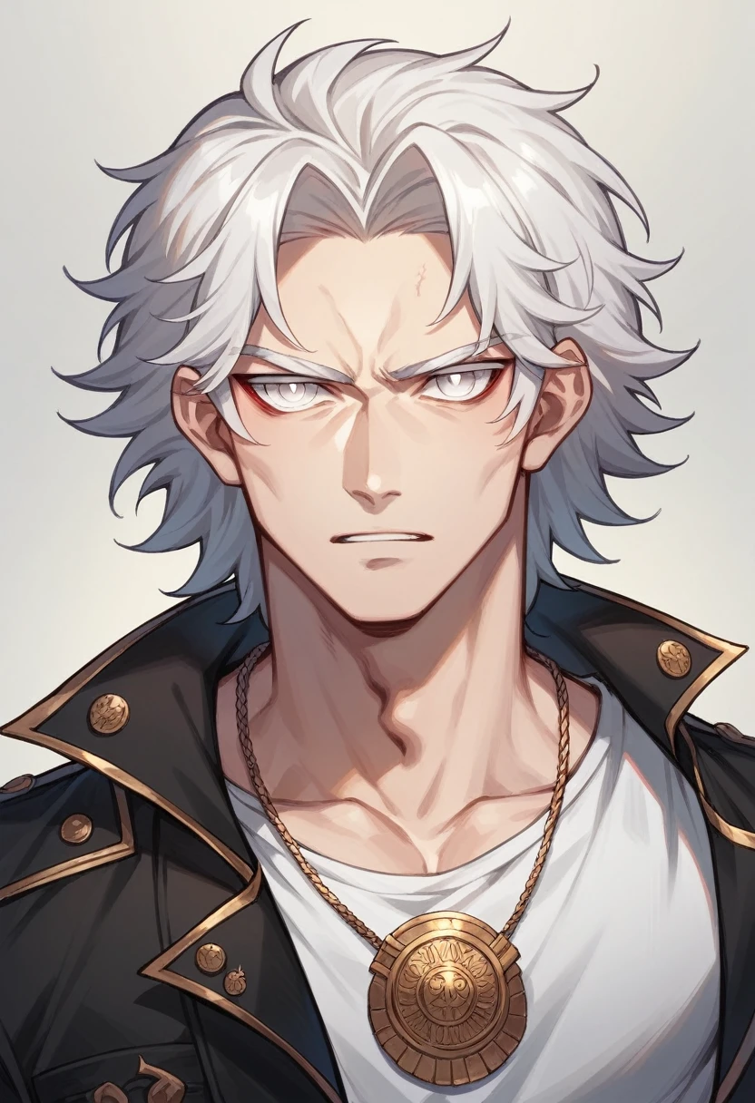 anime style, man, long white hair, white eyes, thunder around the body, inspired by zeus wearing shirt