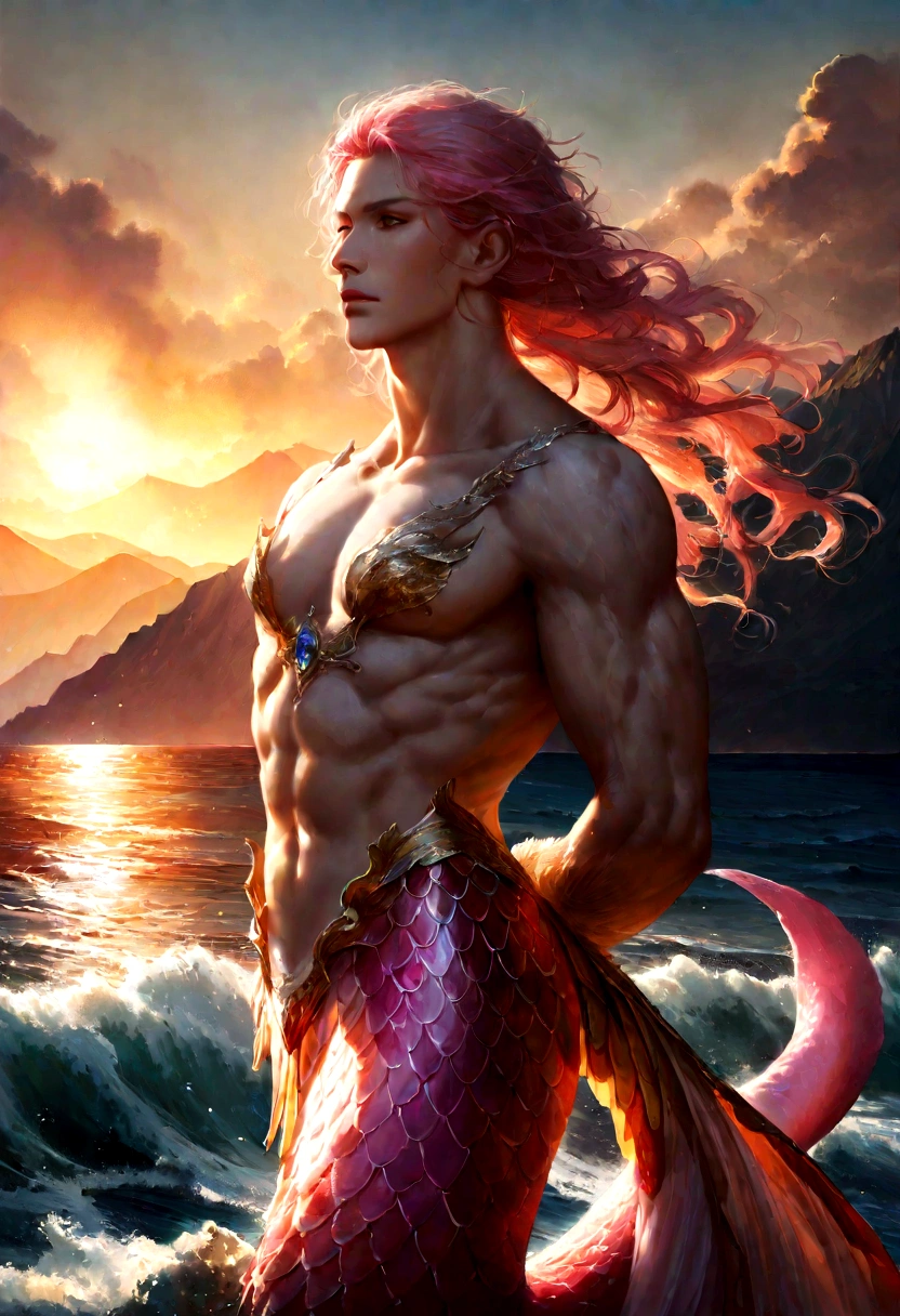 realistic portrait of a werewolf in his war for the gray form carrying in his arms a beautiful mermaid with pink hair, a delicate body and a pink tail mixed with blue, standing next to the sea in the background with mountains. He carries the mermaid as the afternoon sun casts a warm, orange glow over the turbulent sea.
