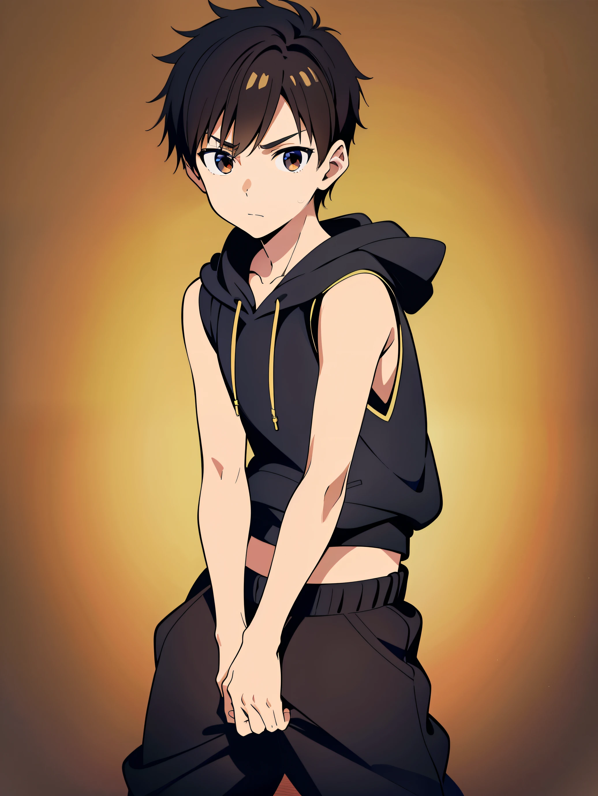 Highres, Masterpiece, Best quality at best,Best Quality,hight quality, hight detailed, Anime style, 1boy, Shota, young boy, Solo person, Black hoodie, Sleeveless hoodie, Seen from the front, look at viewer, (very young boy), (very small and short body), 12-year-old boys,