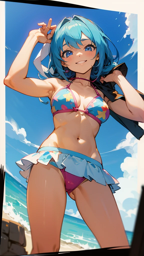 Anime girl in bikini slightly lifting her panties while smiling