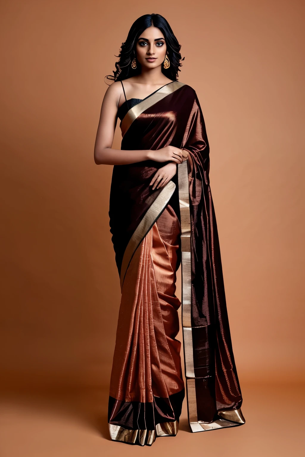 Copper brown saree wearing a Indian model sitting on a black gold luxury chair, black background, flowing hair, bulky model, d size, raised legs