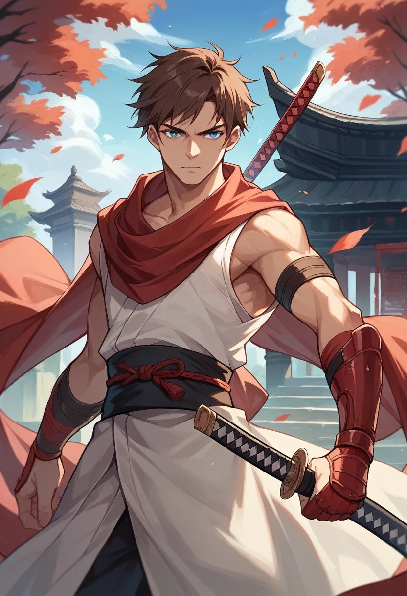 20-year-old male Assassin wearing black, red arm braces, no hood red sash, brown hair blue eyes in a temple, and the assassin is black with a dagger in his left hand and a katana in his right hand