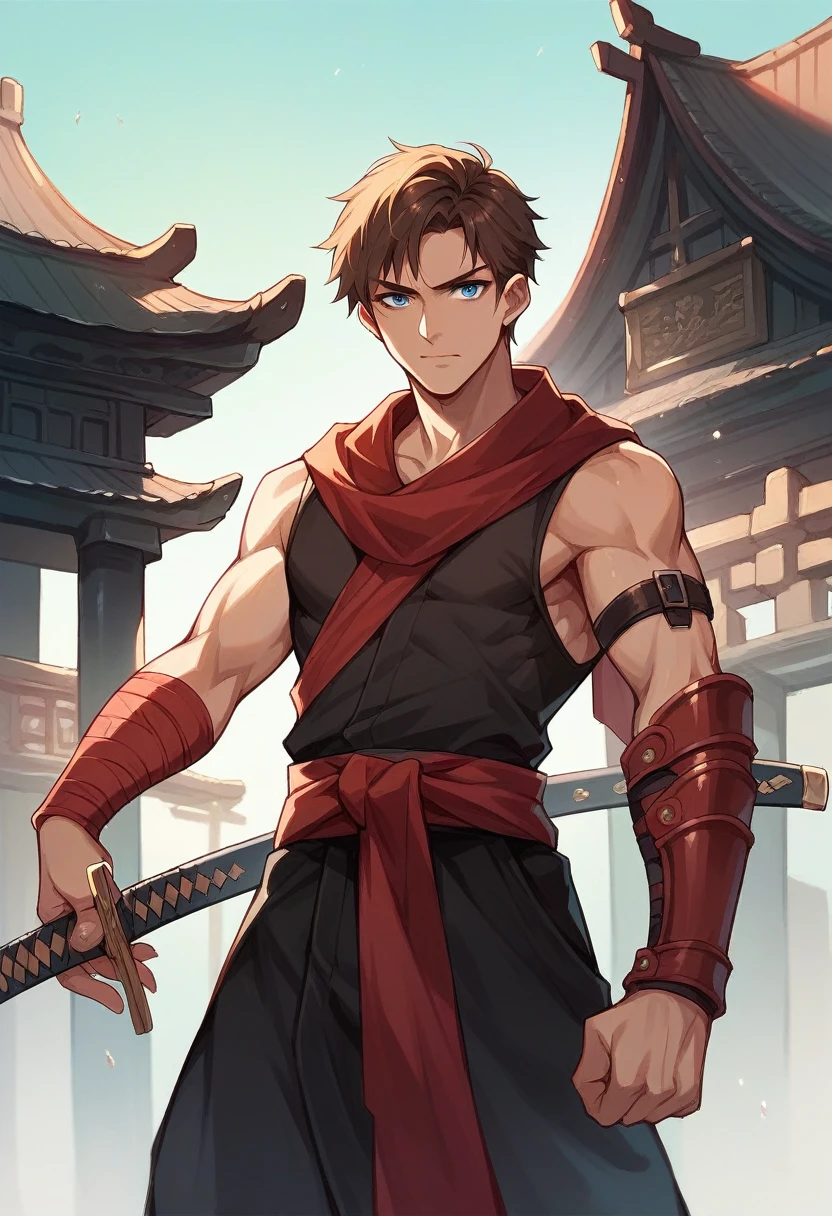 20-year-old male Assassin wearing black, red arm braces, no hood red sash, brown hair blue eyes in a temple, and the assassin is black with a dagger in his left hand and a katana in his right hand
