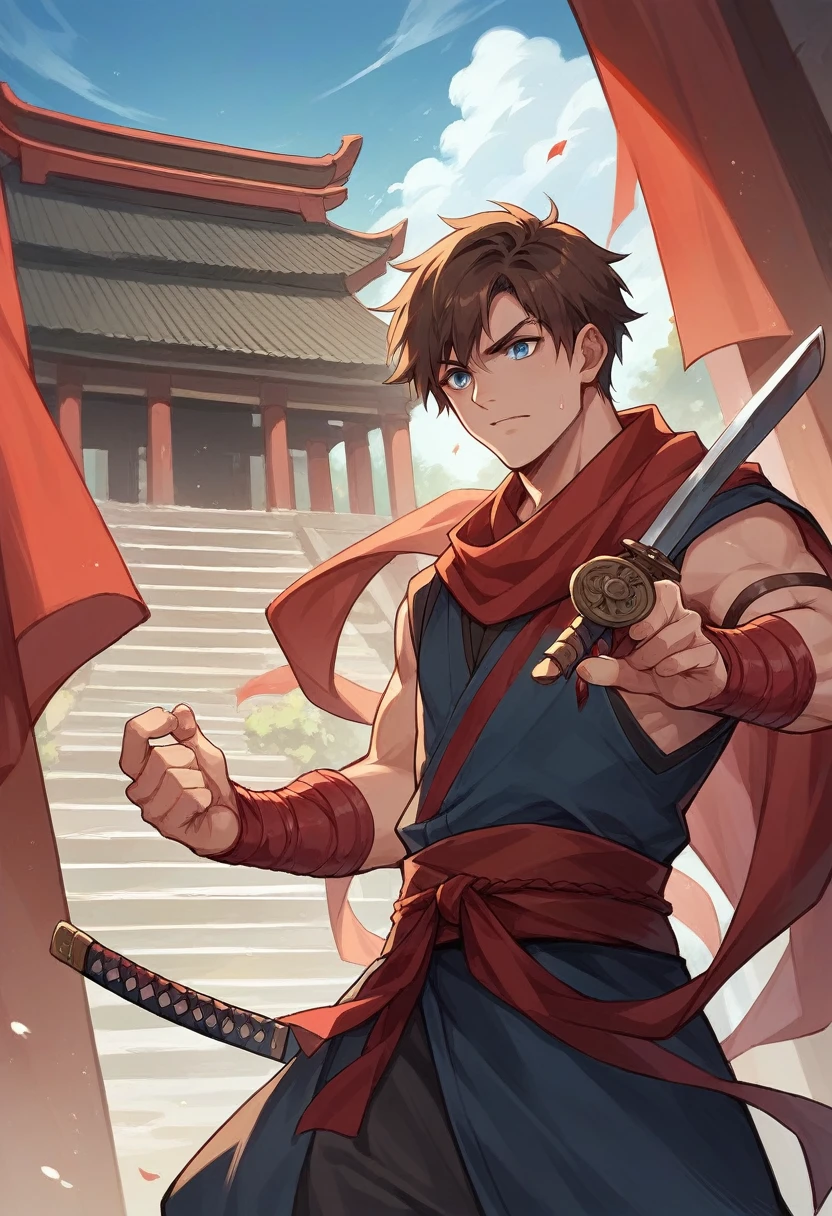  20-year-old male Assassin wearing black, red arm braces, no hood red sash, brown hair blue eyes in a temple, and the assassin is black with a dagger in his left hand and a katana in his right hand