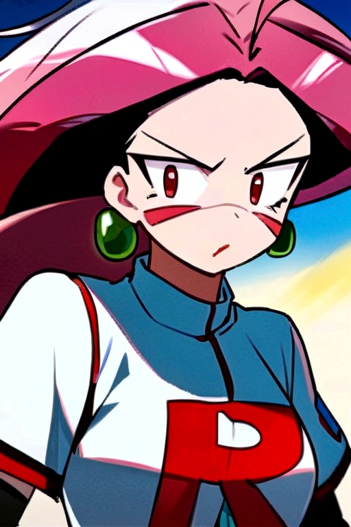masterpiece, best quality, 1 girl white hair, long hair,ahoge, team rocket,team rocket uniform,white skirt,red letter R,crop top,black thigh-highs,black elbow gloves