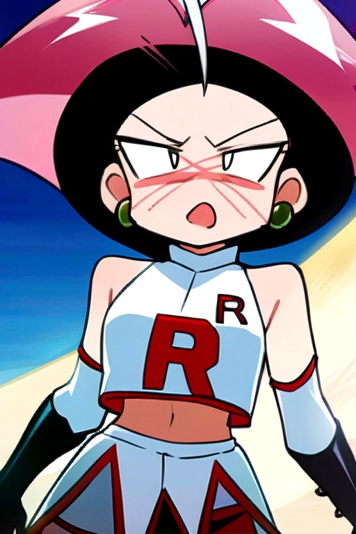 masterpiece, best quality, 1 girl  white hair, long hair,ahoge, team rocket,team rocket uniform,white skirt,red letter R,crop top,black thigh-highs,black elbow gloves