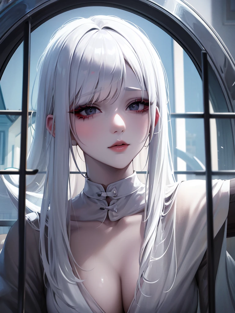 Make an albino woman, beautiful and korean, do it with black eyes looking through a window