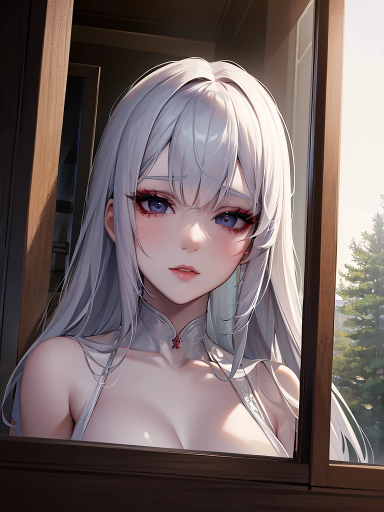 Make an albino woman, beautiful and korean, do it with black eyes looking through a window