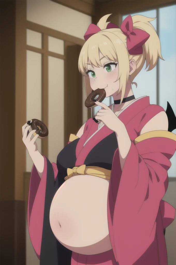 amon sloth, 1girl, short_hair, solo, green_eyes, bow, hair_bow, brown_hair, blonde_hair, smile, green_bow,        detached_sleeves, japanese_clothes, wings, choker, wide_sleeves, kimono, sash, bat_wings, yellow_bow, demon_wings, eating, holding_food, black_nails, doughnut belly, belly stuffing, belly inflation,  overeating, (eating:1.2), best_quality, highres, extremely_detailed, anime perfect detailed style, 8k, masterpiece, anime art style, anime coloring,