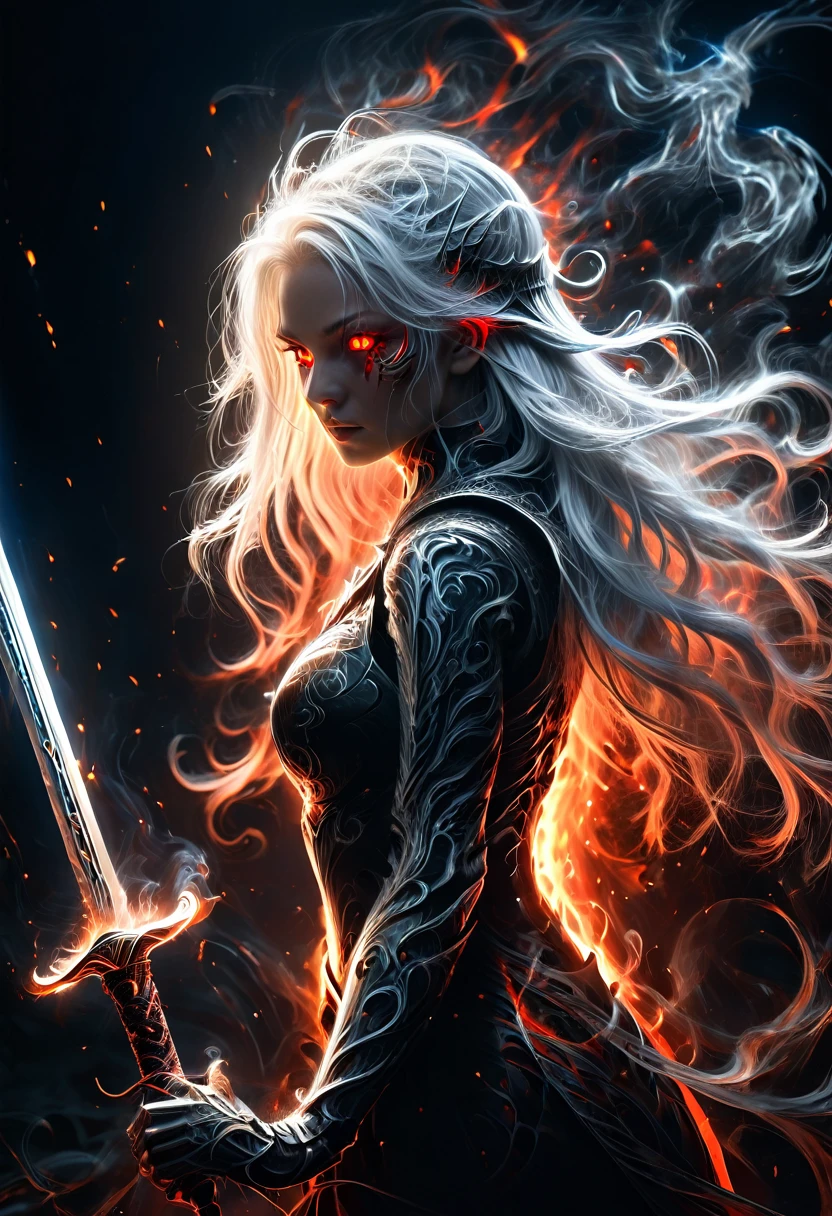 8k resolution, depth of field, photorealistic, lens flare, ((best quality)), (((intricate details))), highly detailed, (((cinematic effect))), looking at viewer,1girl,breasts,long hair, ((white hair with black highlights)), ponytail, ((glowing red eyes)), serious and severe face, ,wearing flame armor, helmet in the shape of a blood red head,holding,cleavages,V,vaporous swirls of deep black,holding weapon, sword, holding sword, night, (underworld,hells), well of cursed souls, (((the river styx background:1.5))),UHD, no anatomical defects,dark, extremely detailed, amazing quality, masterpiece, best quality, hyper detailed, ultra detailed, UHD, perfect anatomy, portrait, DOF, majestic, awesome, inspiring, cinematic, global illumination, dramatic, atmospheric haze, cinematic composition, deep shadows, death scythe,,made of mad-wsps, surrounded by glowing force magic,glowing character outline by dark aura (blue:1.5)